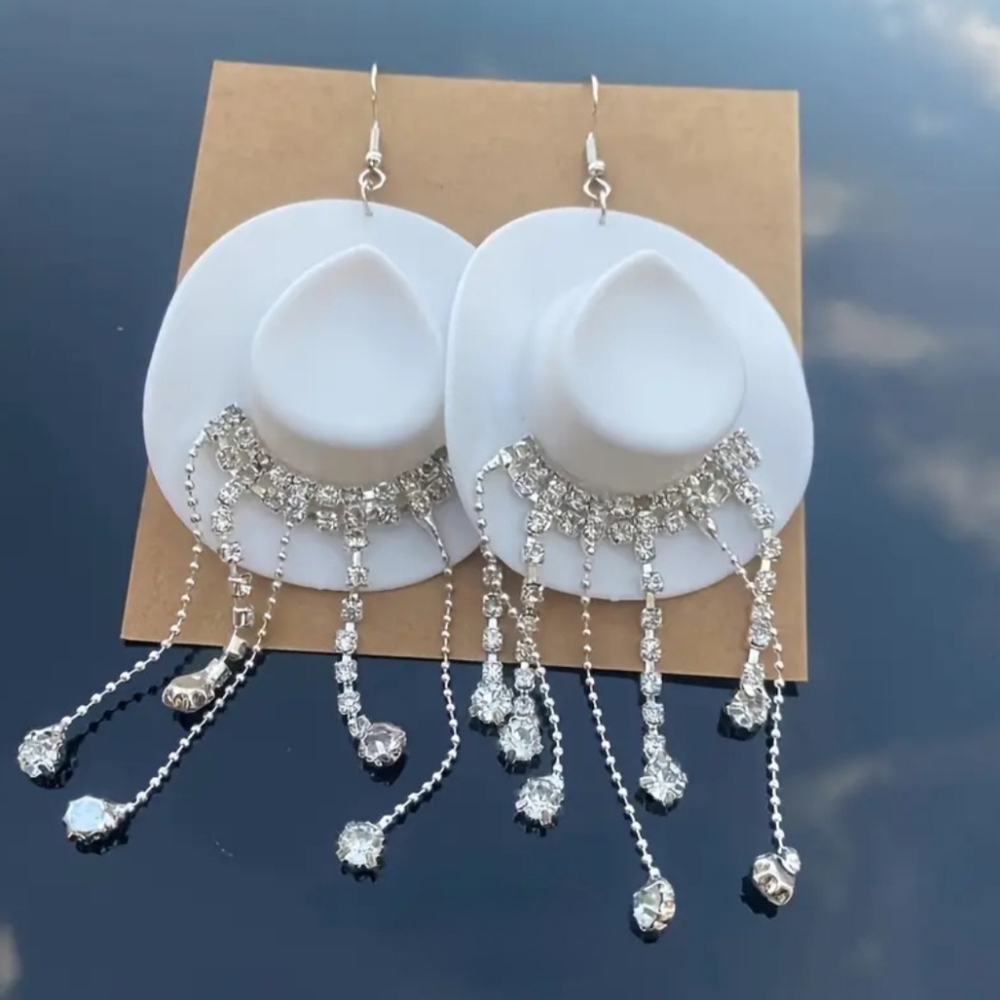 White Bling Cowgirl Hat Earrings